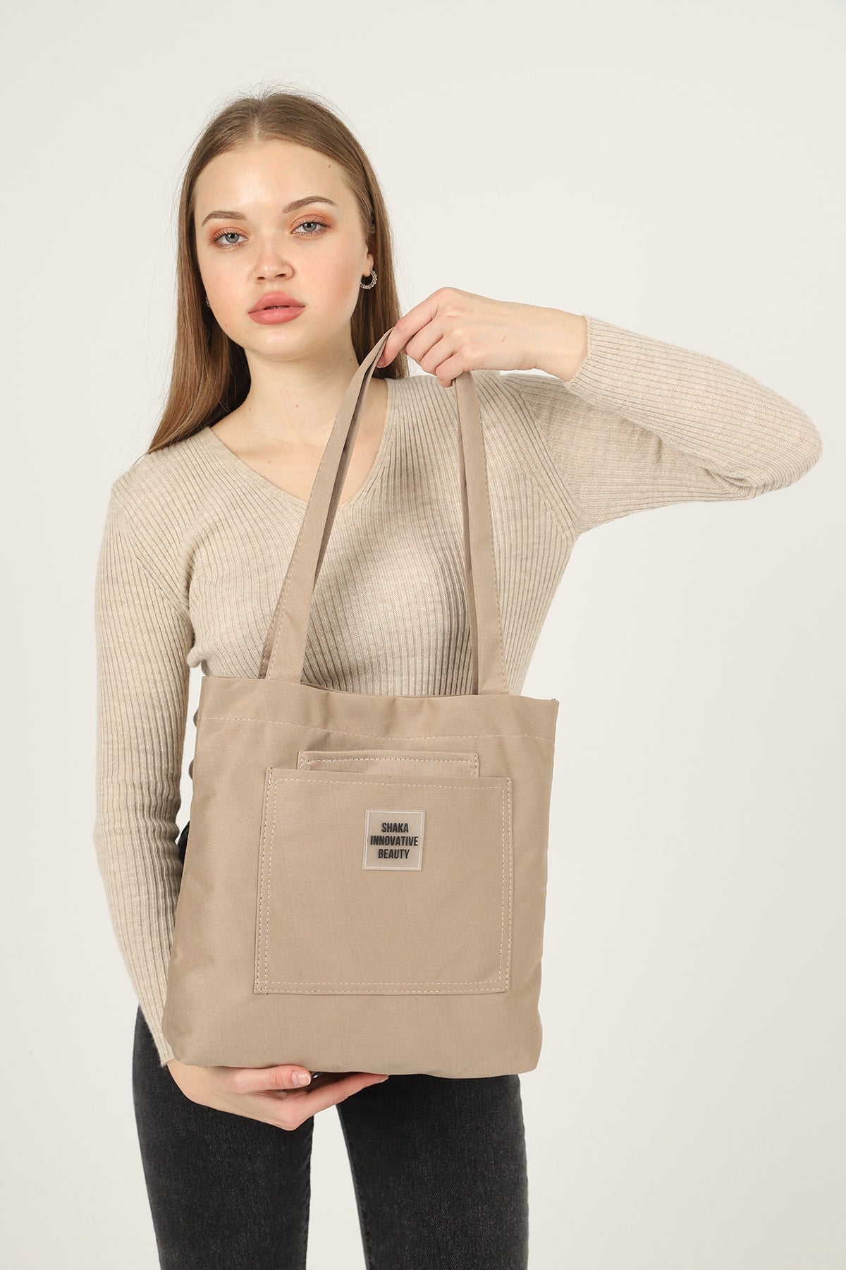 Mink U22 3-Compartment Front 2 Pocket Detailed Canvas Fabric Daily Women'S Arm And Shoulder Bag B:35 E:35