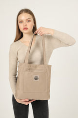 Mink U22 3-Compartment Front 2 Pocket Detailed Canvas Fabric Daily Women's Arm And Shoulder Bag B:35 E:35