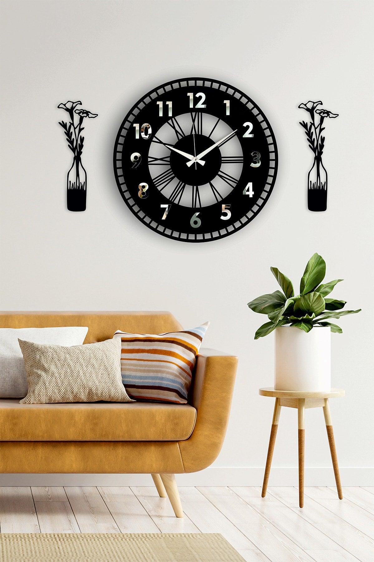 Decorative Mirrored Wall Clock + Vase Painting Silver - Swordslife