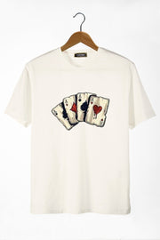 Men'S Ecru Front Playing Card Printed Crew Neck Oversize T-Shirt