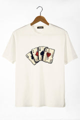 Men's Ecru Front Playing Card Printed Crew Neck Oversize T-shirt