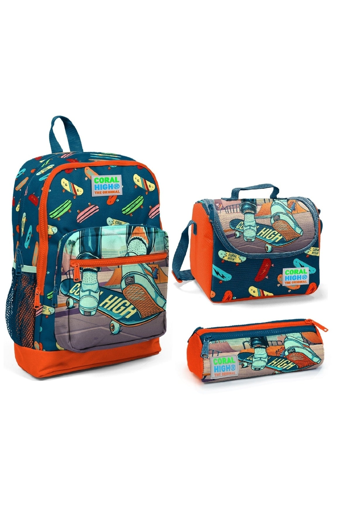 Kids Four Compartment Skateboard Patterned 3-Pack School Bag Set