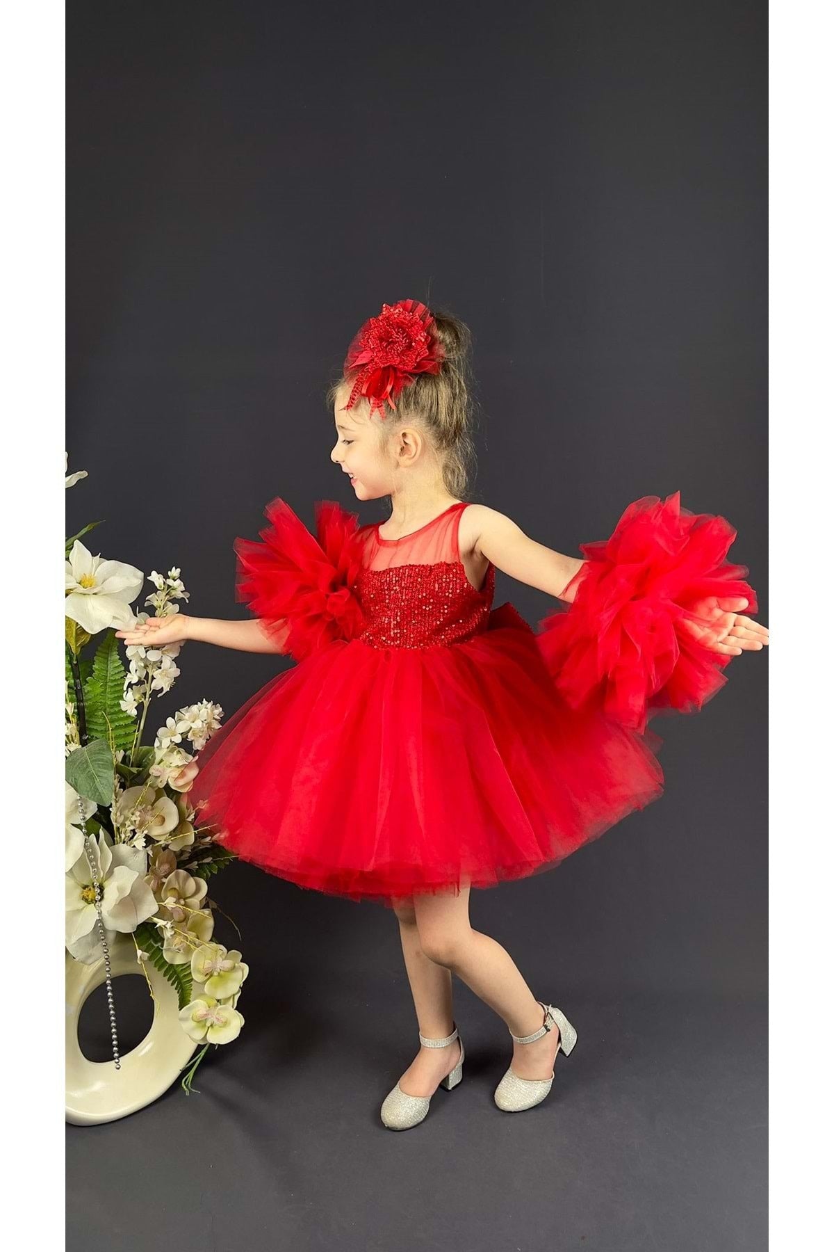Chiffon Robe Pompom Sleeve Sequined Girls Fluffy Skirt Tulle Evening Dress Red