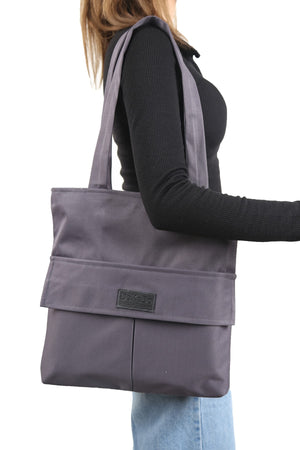 Women'S Gray Bag Zippered Hand And Shoulder Bag Canvas Fabric Tote Bag