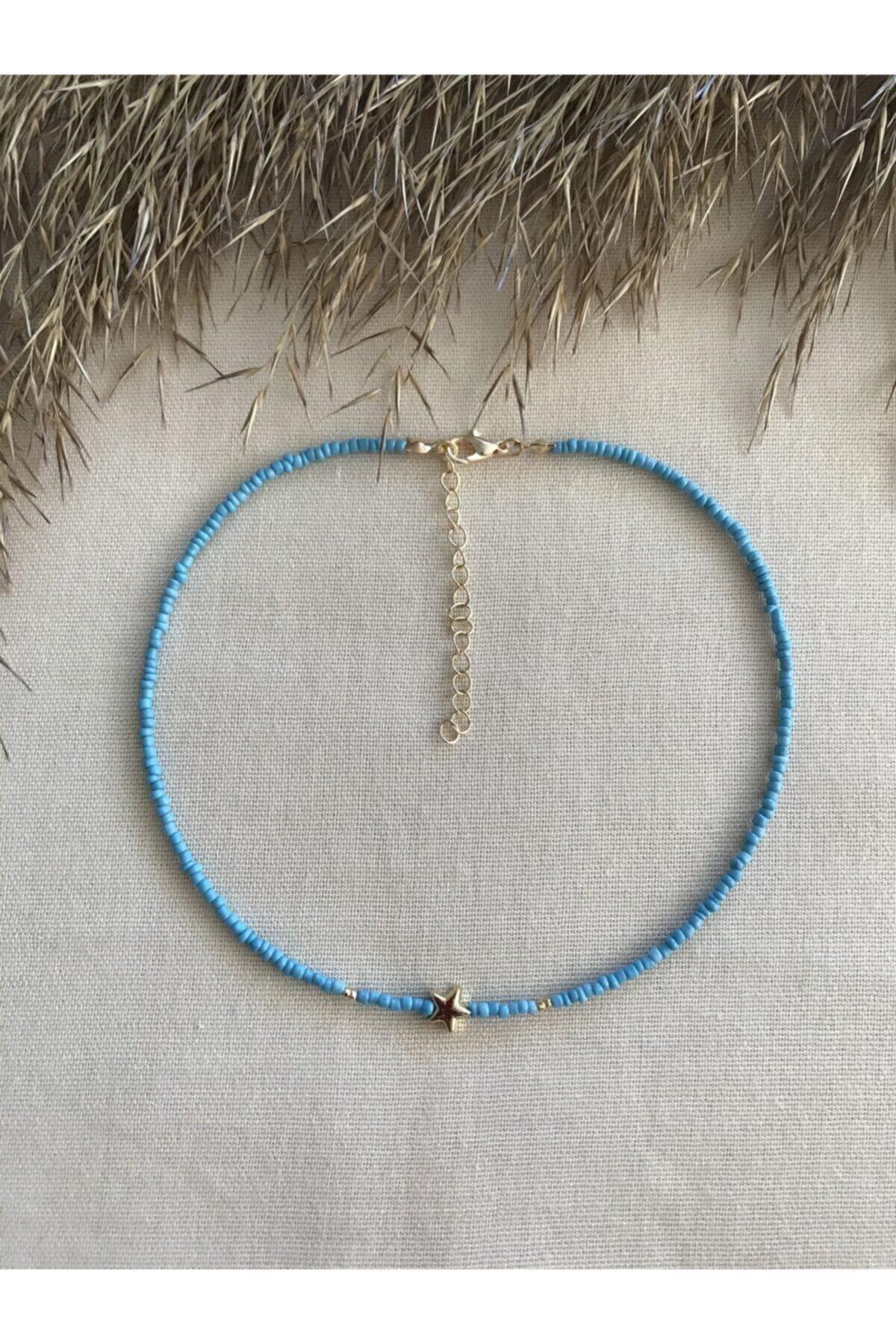 Blue Beaded Gold Star Pendant Necklace - Swordslife