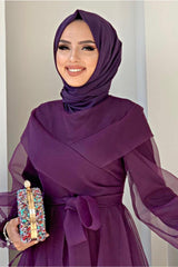 Women's Purple Belted Tulle Evening Dress T 4693 - Swordslife