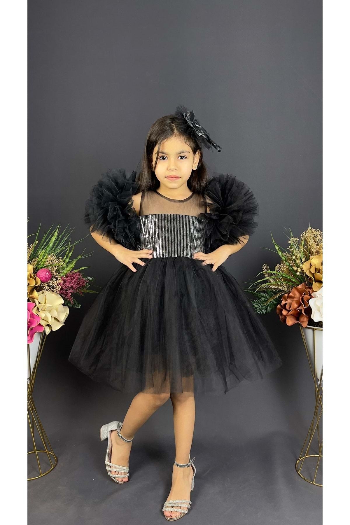 Chiffon Robe Pompom Sleeve Sequined Girls Fluffy Skirt Tulle Evening Dress Black - Gray