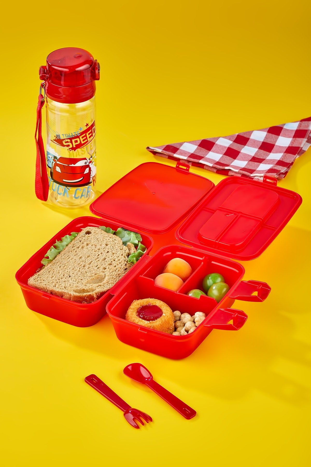 2-lagige Lunchbox mit 4 Fächern und Selbstlöffel und 500-ccm-Wasserflasche mit Strohhalmwagen
