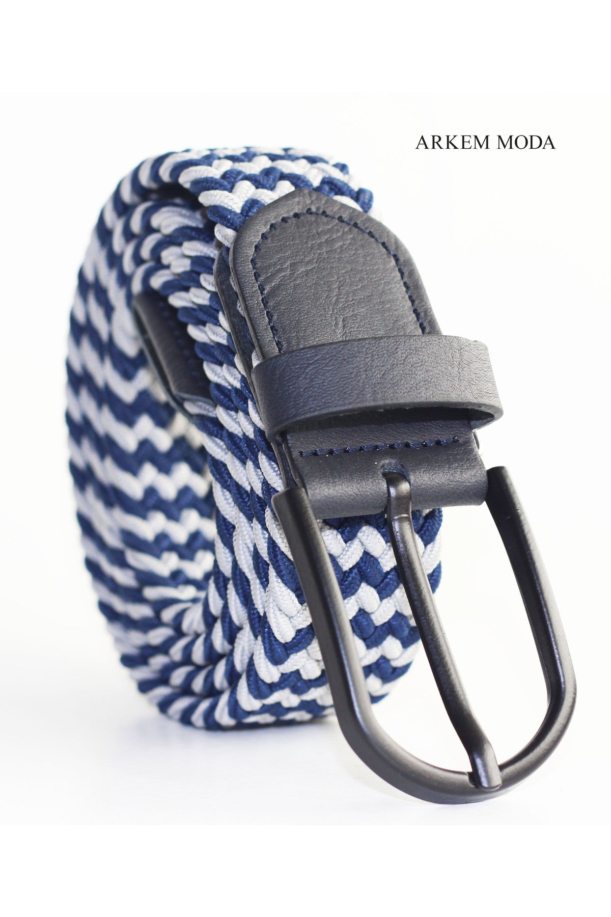 Geflochtener elastischer Gürtel Marineblau-Grau Denim, Jean, Sort Herrengürtel 3,5 Cm