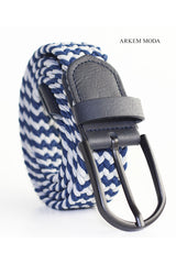 Braided Elastic Belt Navy Blue-Grey Denim, Jean, Sort Men's Belt 3,5 Cm