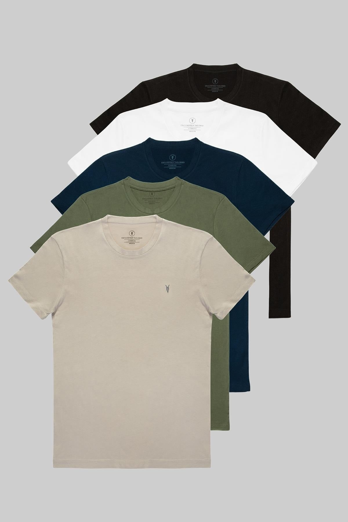 Men's Black White Khaki Gray Navy Blue 100% Cotton 5 Pcs T-shirt Pack