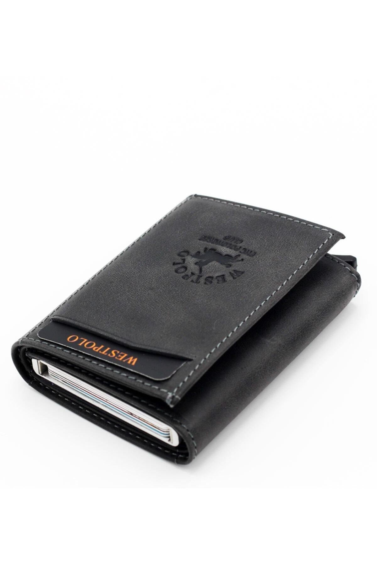 Men'S Gray Genuine Leather Mechanism Wallet Card Holder