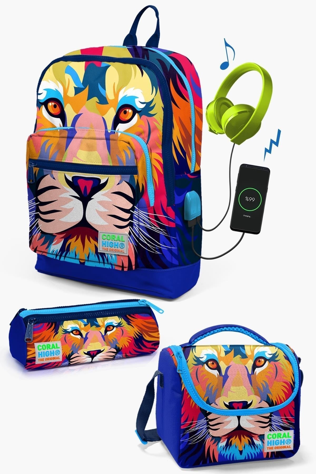 Kids Navy Blue Sax Patterned Usb 3-Piece School Bag Set Set0123841