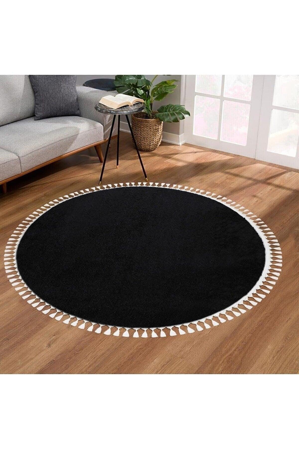 Dinarsu Fringed Single Round Post Plush Bath Mat Gel Non-Slip Base Black 100 Cm - Swordslife