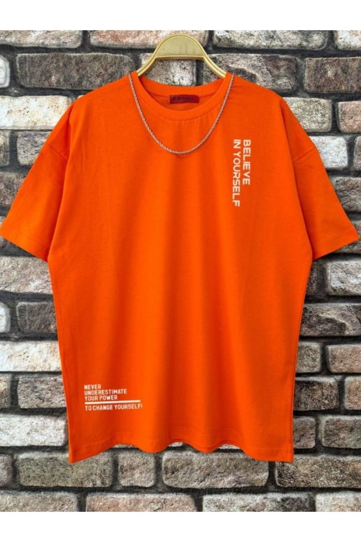 Men'S Orange Believe Printed Oversize T-Shirt