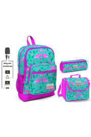 Grundschulranzen-Set für Mädchen mit grünem Flamingo-Aufdruck – USB-Ausgang