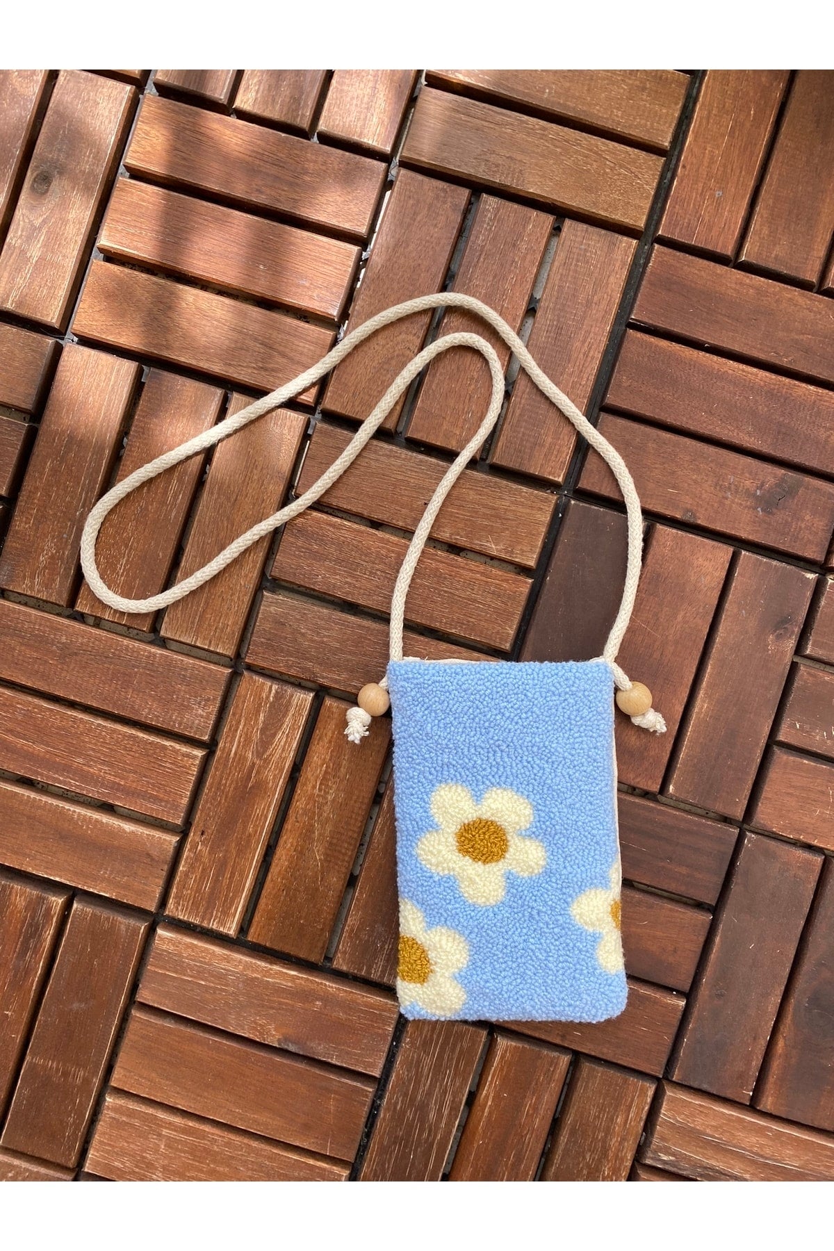 Punch Embroidery Phone Bag - Daisy Patterned Blue