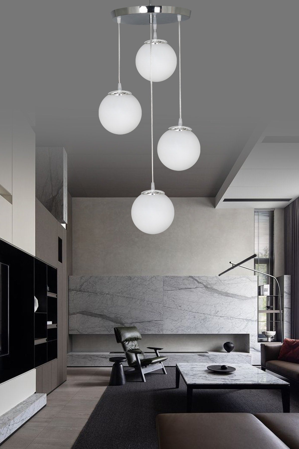 Pendant Lamp Tray Silver 4-Piece White Glass Chandelier