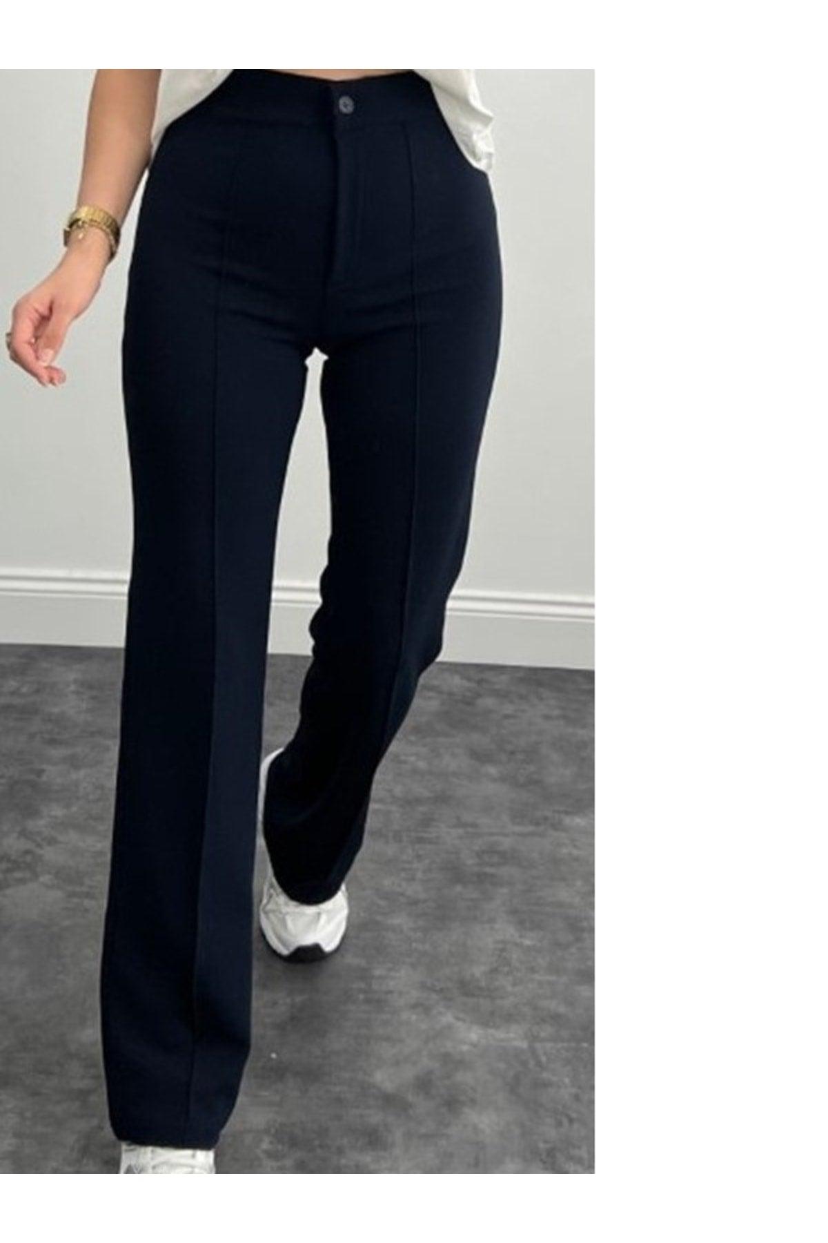 Women's Navy Blue Crepe Fabric Lycra Front Grassed Spanish Leg Palazzo Trousers - Swordslife