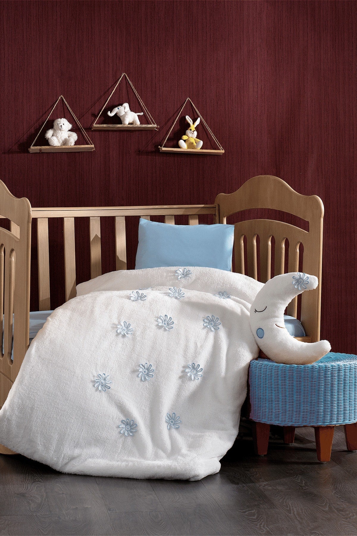 4 Pieces 100% Cotton 3D Floral Pattern And Moon Pillow Blue Baby Duvet Cover Set