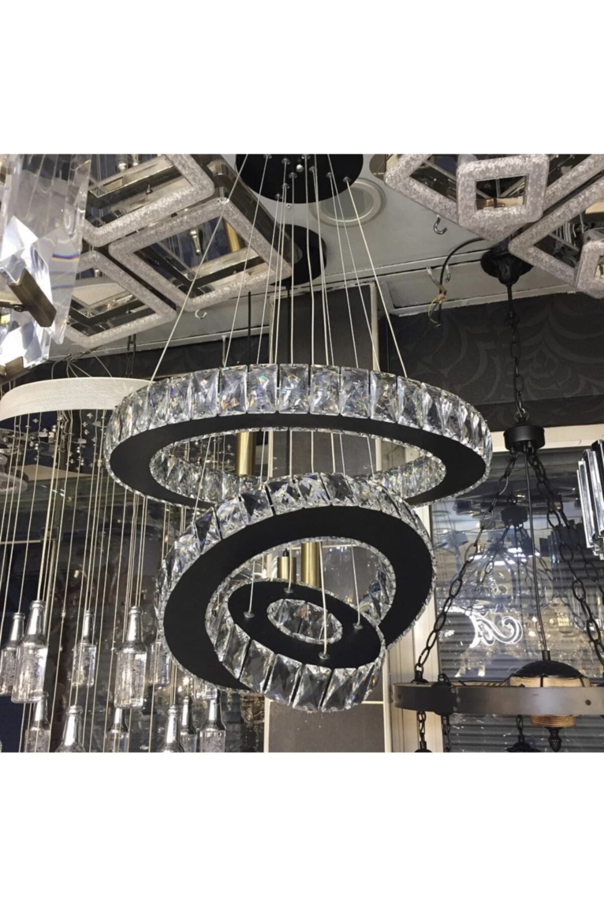 Plaque Crystal Stone Black Stainless Led Chandelier With Remote Control