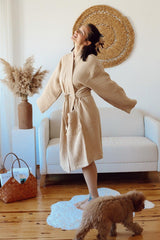 Adult Kimono Bathrobe, 100% Cotton 4 Layer Multi Muslin Light Brown - Swordslife