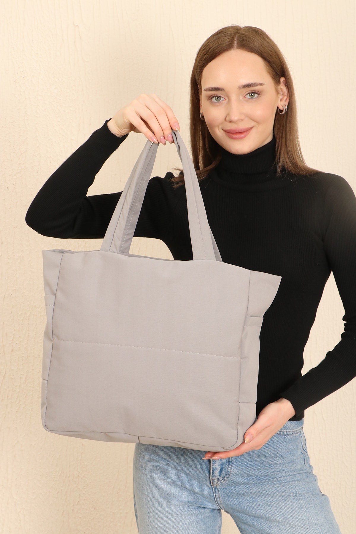 Gray U25 3-Compartment Side 2 Pocket Detailed Zipper Closure Canvas Women'S Arm And Shoulder Bag B:35 E:35 G:1