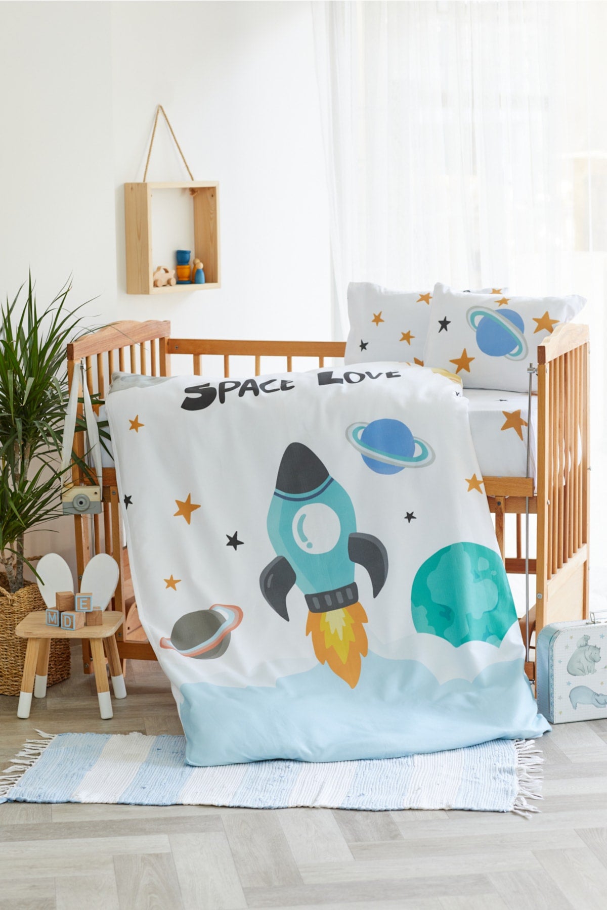 Organic Full Set Printed Cotton Satin Baby Duvet Cover Set - Rocket And Space Theme