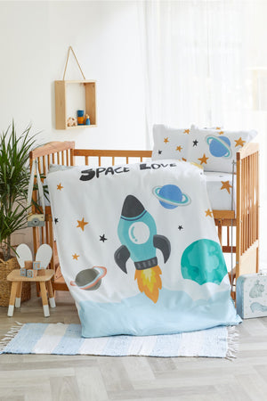 Organic Full Set Printed Cotton Satin Baby Duvet Cover Set - Rocket And Space Theme