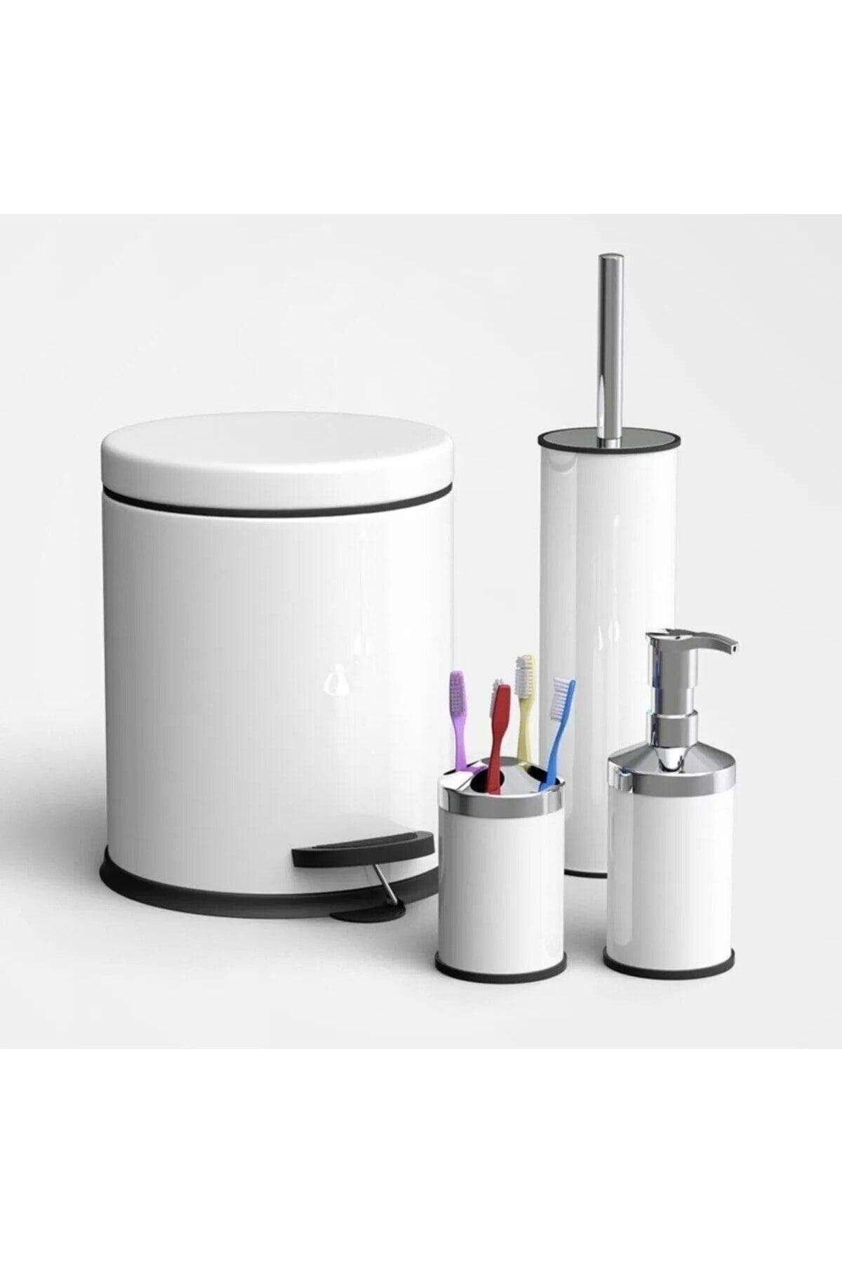 White Set of 4 3 Liter Pedal Dustbin Wc Closet Toilet Brush Soap Dispenser Toothbrush Set - Swordslife