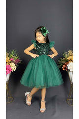 Earring Sequin Sequin Tulle Girl Child Dress MNK0526 GREEN