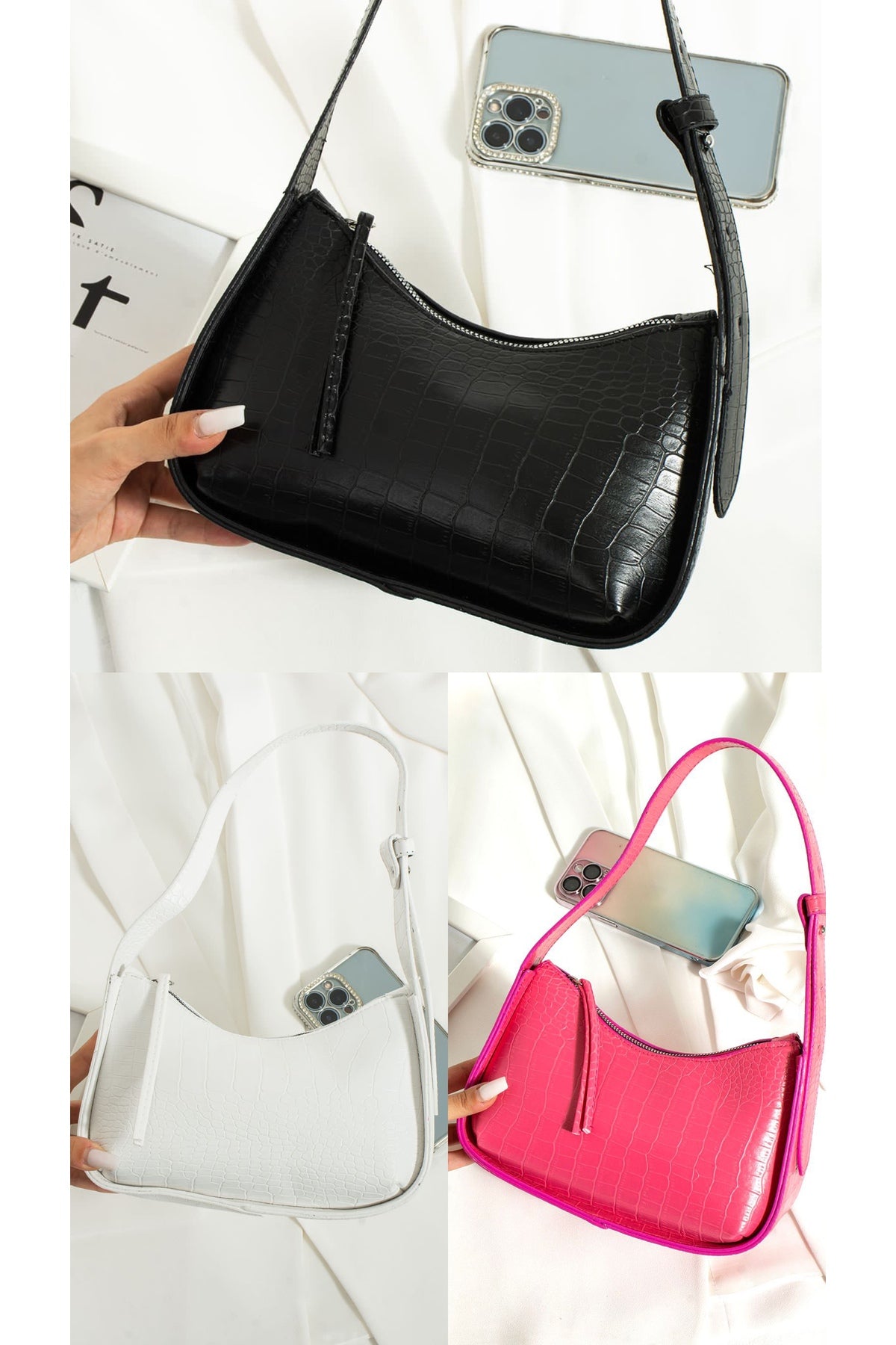 3er-Pack Baguette-Taschen mit Krokodilmuster für Damen, stilvolle Handtasche für den täglichen Gebrauch