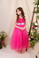 Girl's Satin Evening Dress with Back Gipe and Tulle Fuchsia