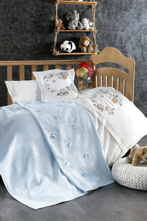 Pieces 100% Cotton, 3D Flower And Bird Patterned Cemre Blue Baby Duvet Cover Set