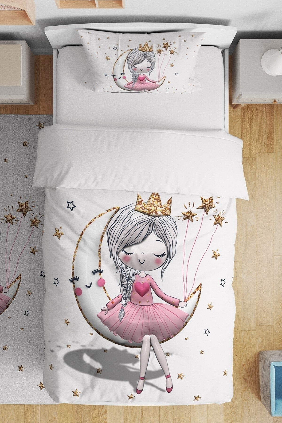 3D White Moon Sitting Princess Patterned Single Baby Kids Duvet Cover Set