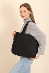 Black U25 3-Compartment Side 2 Pocket Detailed Zipper Closure Canvas Women's Arm And Shoulder Bag B:35 E:35 G