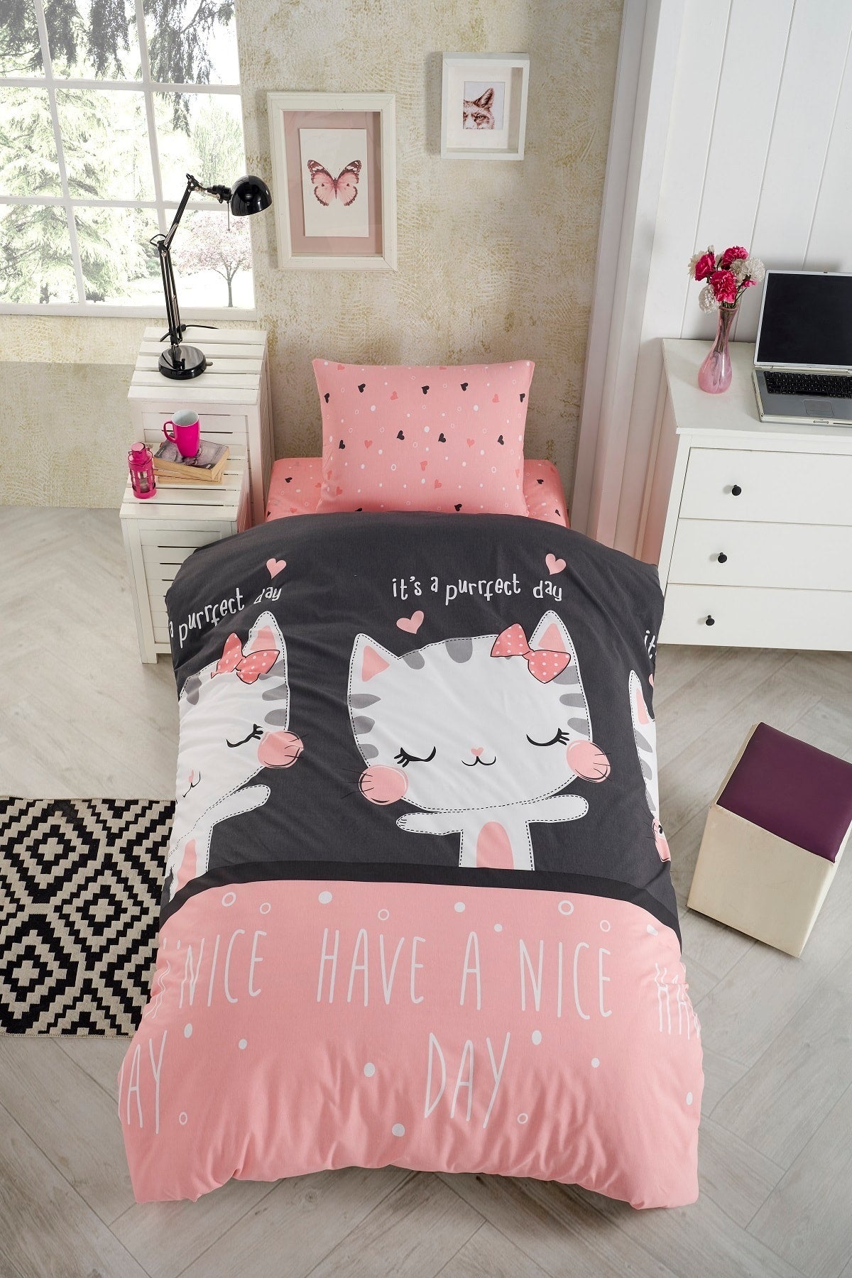 Elastic Cotton Cat Pattern Pink-Black Single Bed Cover Set For Children
