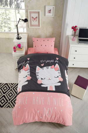 Elastic Cotton Cat Pattern Pink-Black Single Bed Cover Set For Children