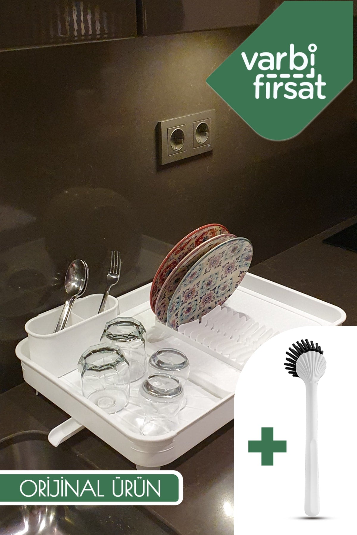 Collapsible Sliding Plate Rack Dish Rack Dish Basket - Dish Brush Set / White