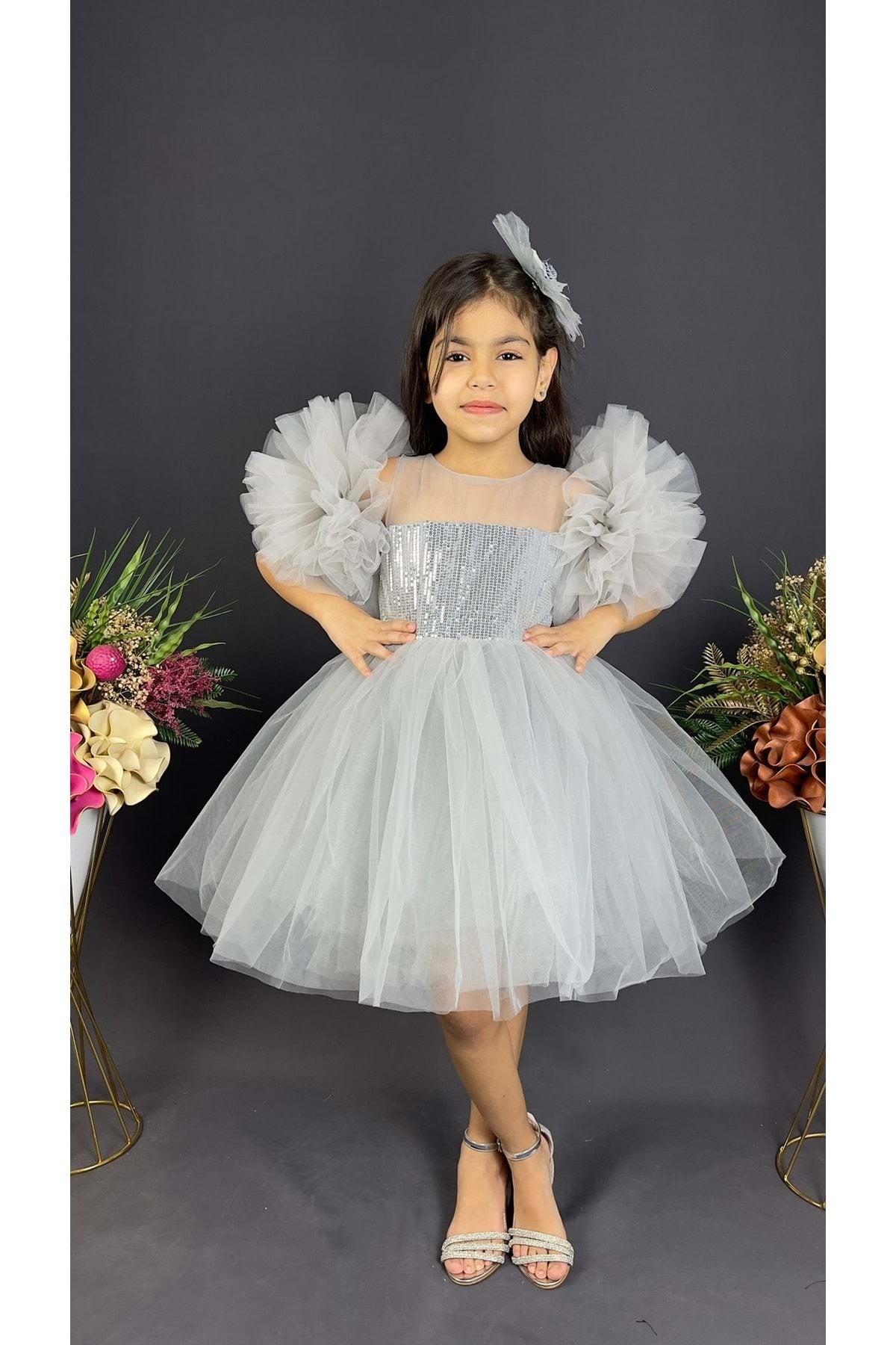 Chiffon Robe Pompom Sleeve Sequined Girls Fluffy Skirt Tulle Evening Dress Gray