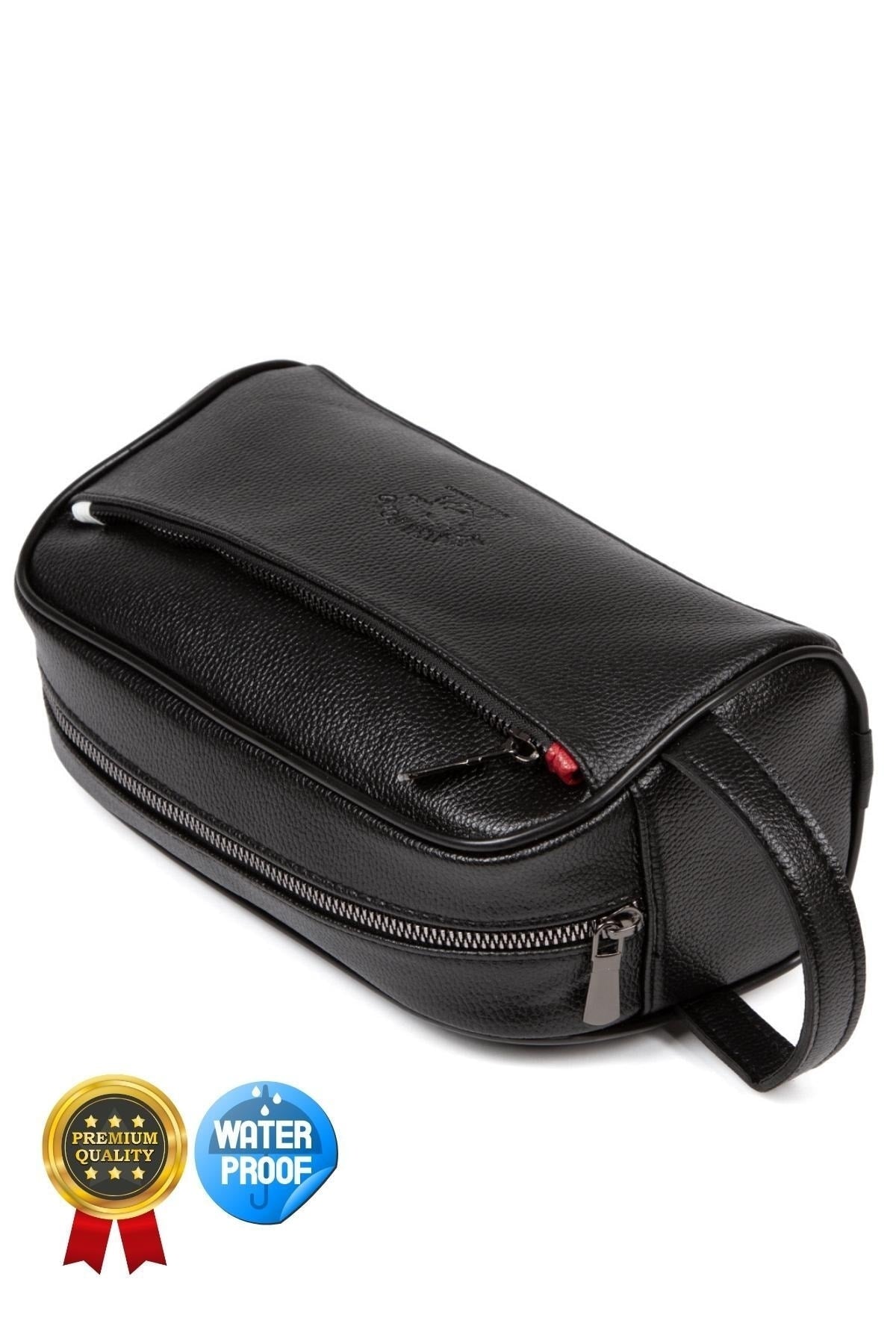 Adelina Black Leather Portfolio Clutch Bag Travel Shaving Cosmetic Clutch Bag