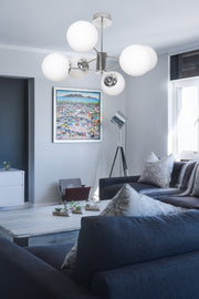 Oscar Modern Luxury Design Chrome Color Case White Glass Living Room - Kitchen - Bedroom 6-Piece Chandelier