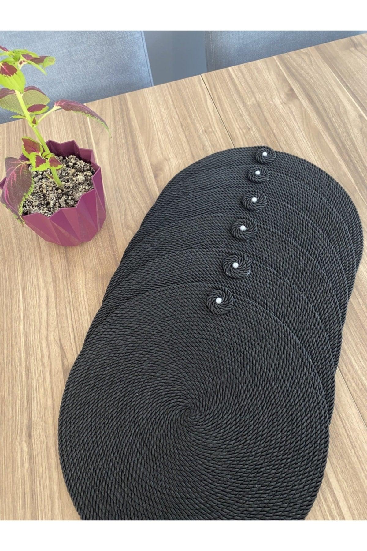 Placemat Runner Supla 6 Pieces Black Wicker Cord Knitted Dowery Set Plate Pot Base Fireproof - Swordslife