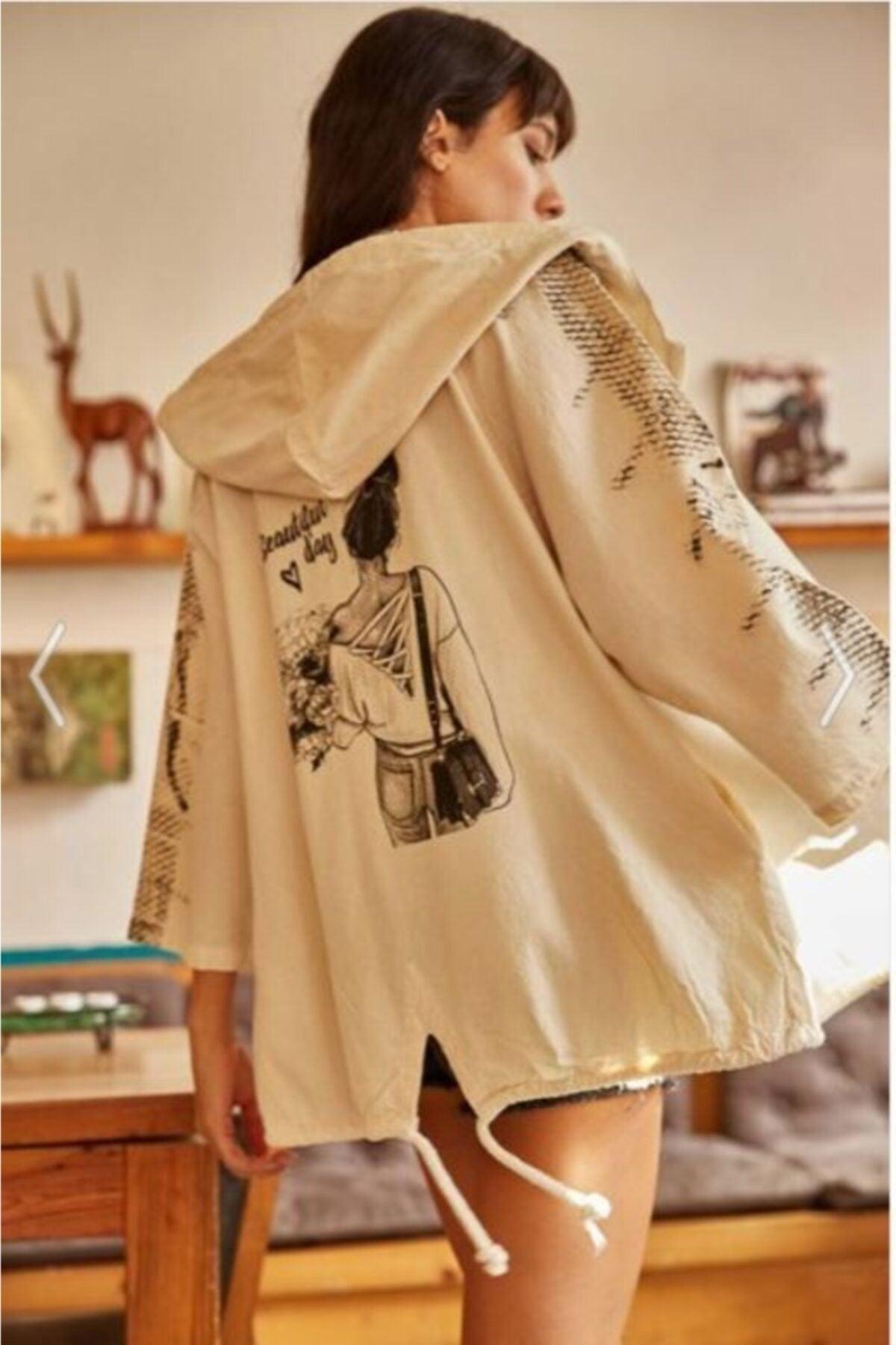 Women's Stone Back Printed Linen Jacket Beige - Swordslife