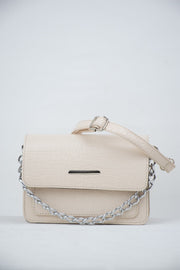 Cream Women Crocodile Patterned Clutch Baguette Chain Strap Bag