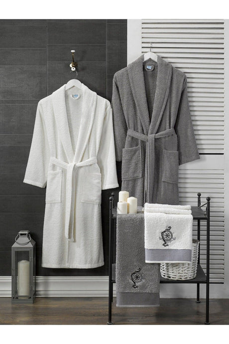 100% Cotton Compass Embroidered 4-Piece Family Bathrobe Set White | Grey - Swordslife