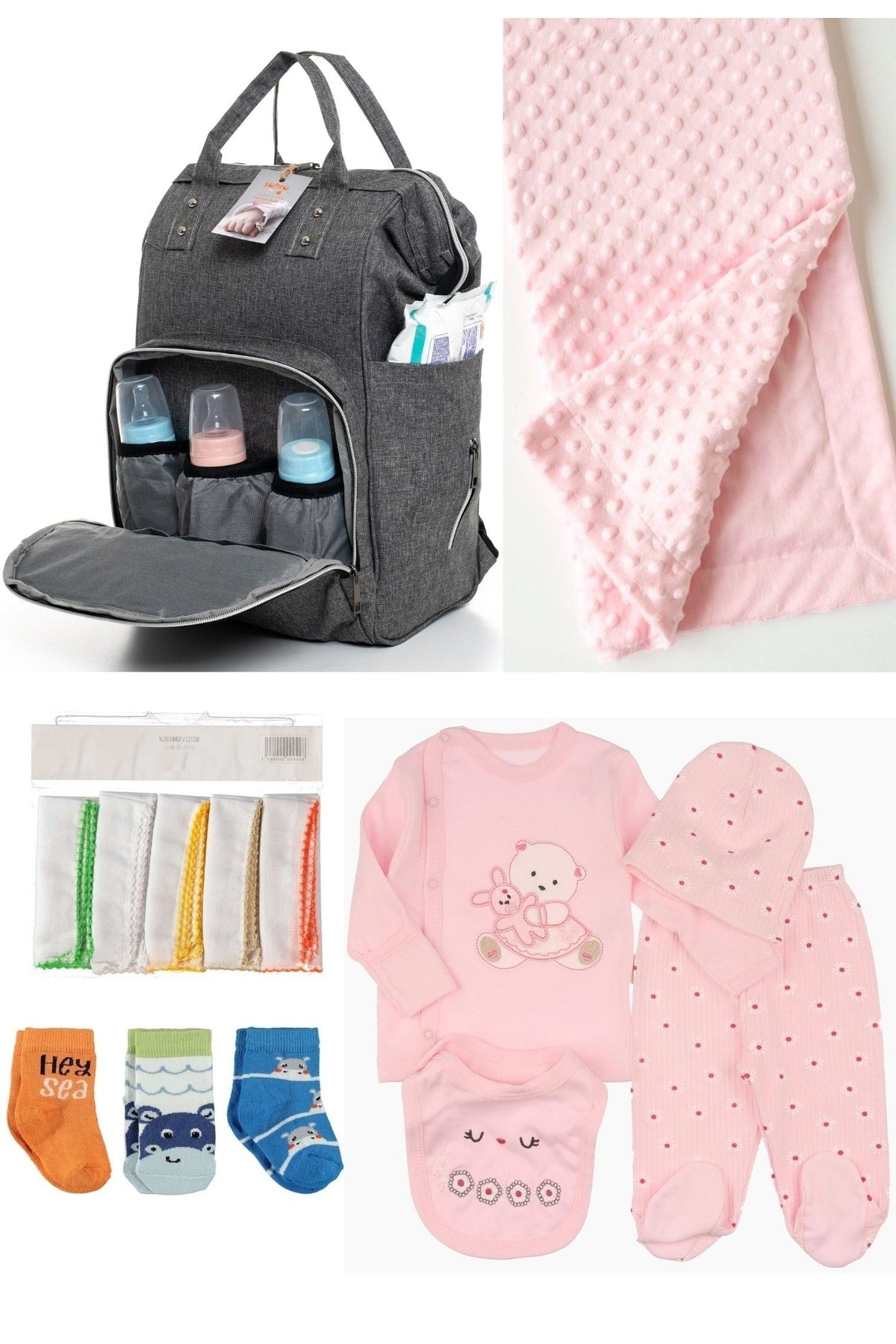 5-teiliges Schwangerschaftsset (Babypflegerucksack, Krankenhausausgang, Kichererbsendecke, 10 Feuchttücher und 3 Socken)