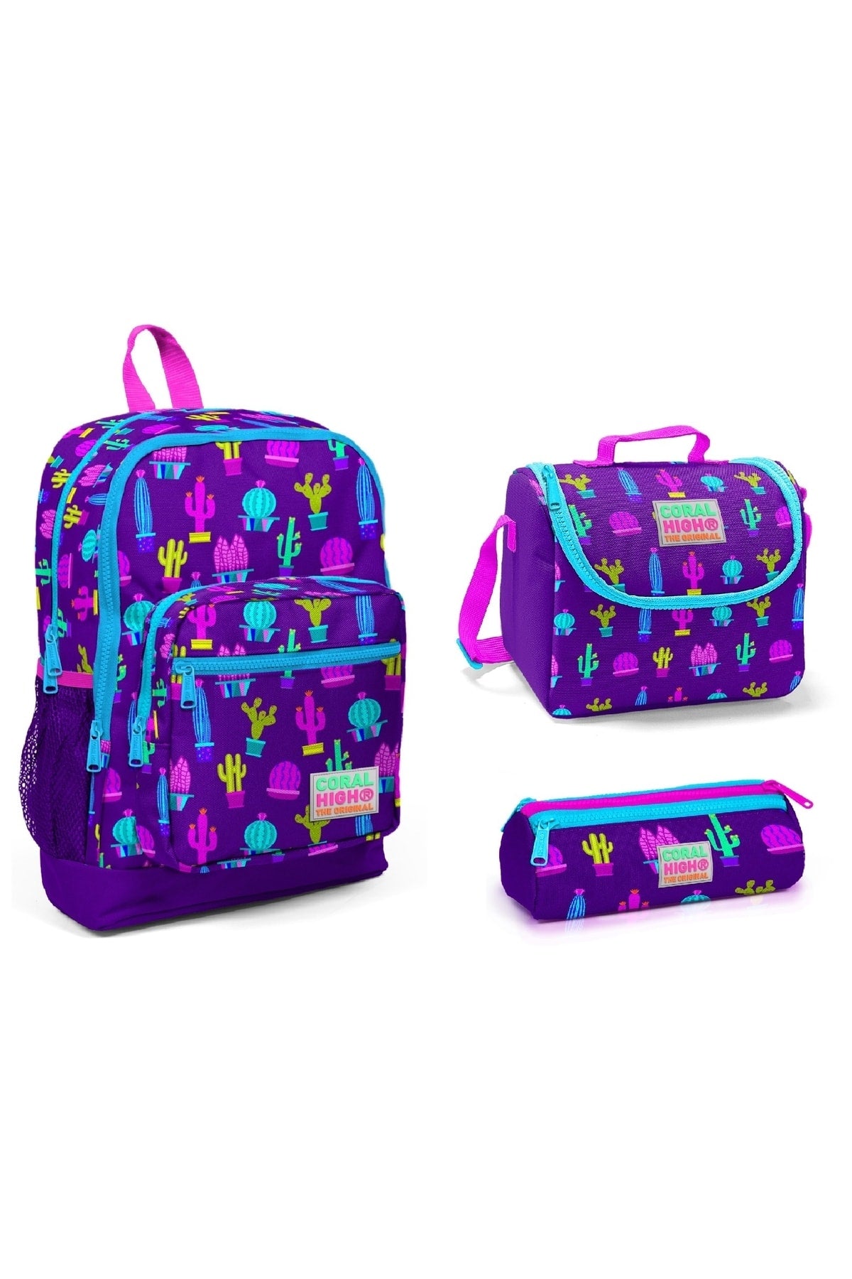 Kids Four Purple Cactus Patterned 3-Pack School Bag Set