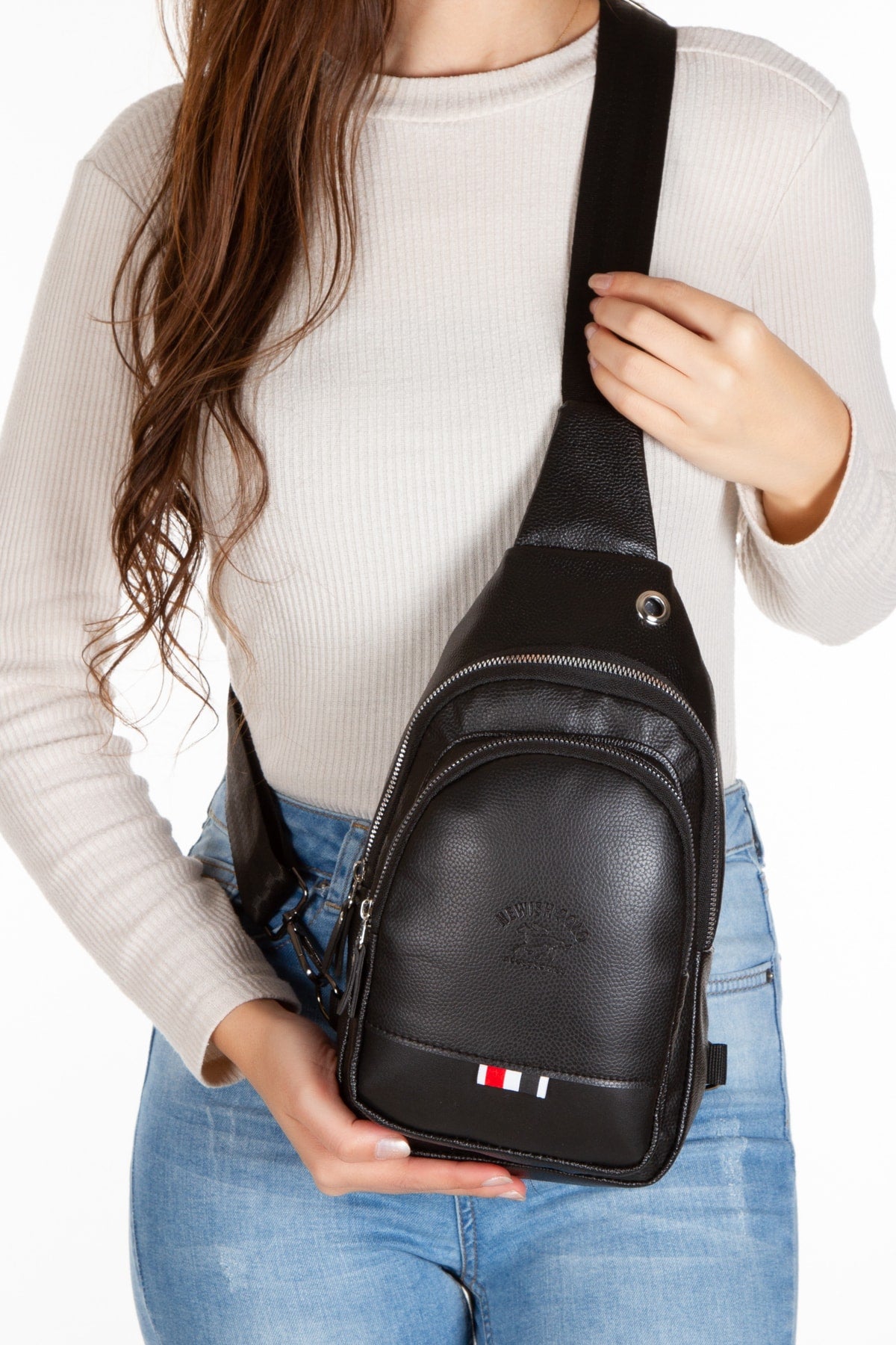 Unisex Cross Shoulder Bag With Headphone Output Black , Freebag, Vegan Leather (29x19cm)(gift Keychain)