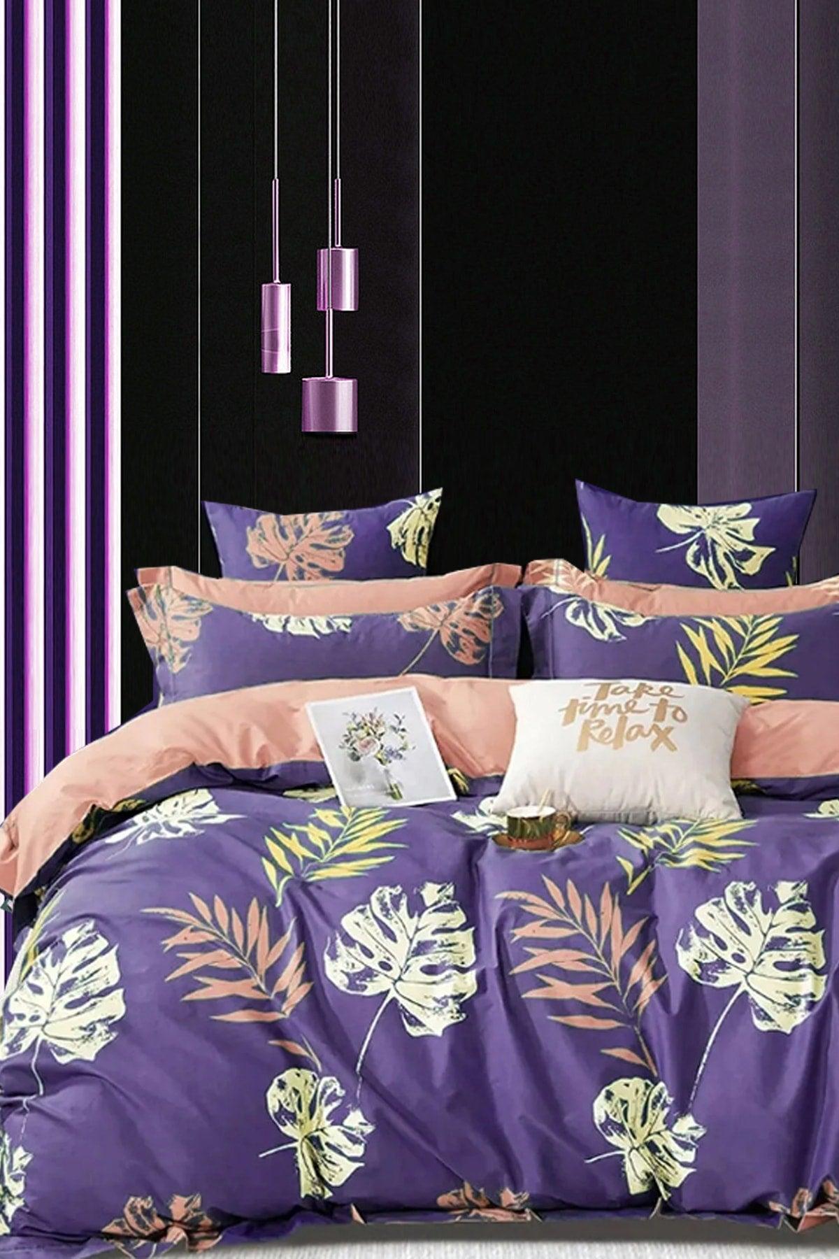 Elastic Bed Linen Duvet Cover Set Double Leaf Purple - Swordslife